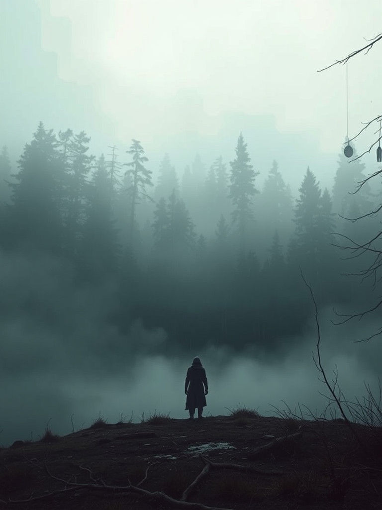 Mystical Figure in Misty Forest: Futuristic Surrealism