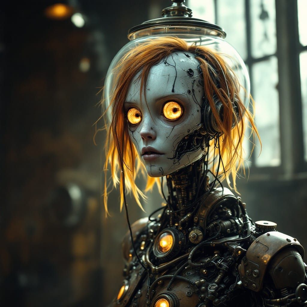 Cyborg Robot in Steampunk Laboratory