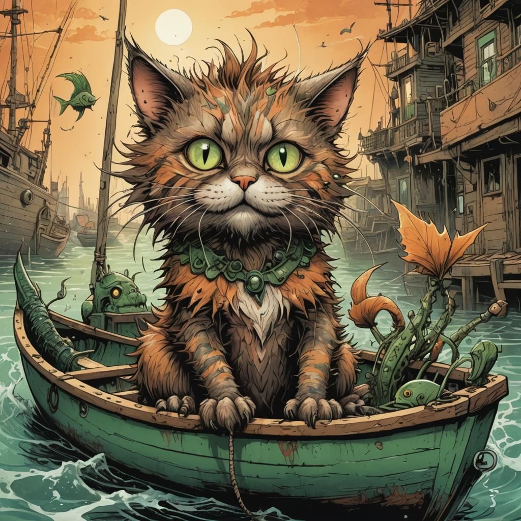 Whimsical Ink Drawing: Scaredy Cat's Fishing Trip