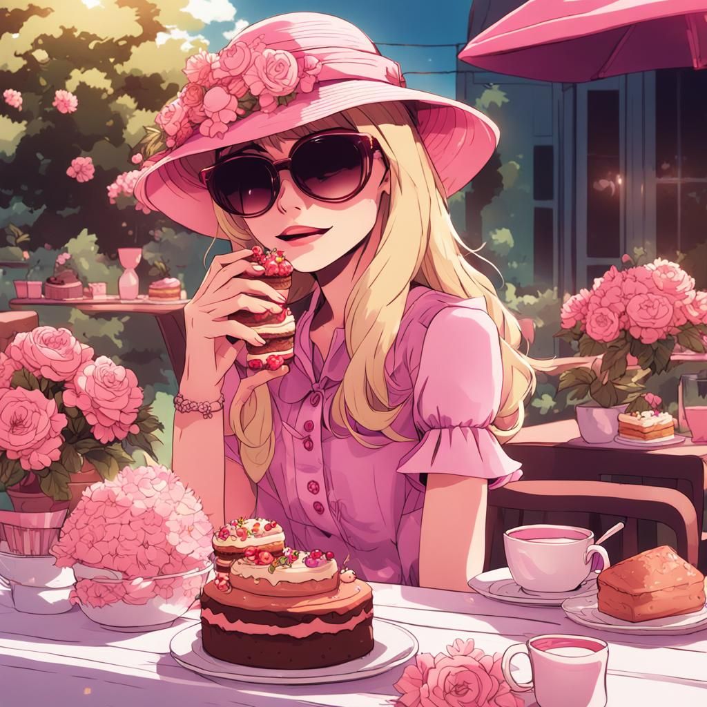 Blonde woman eating cake.