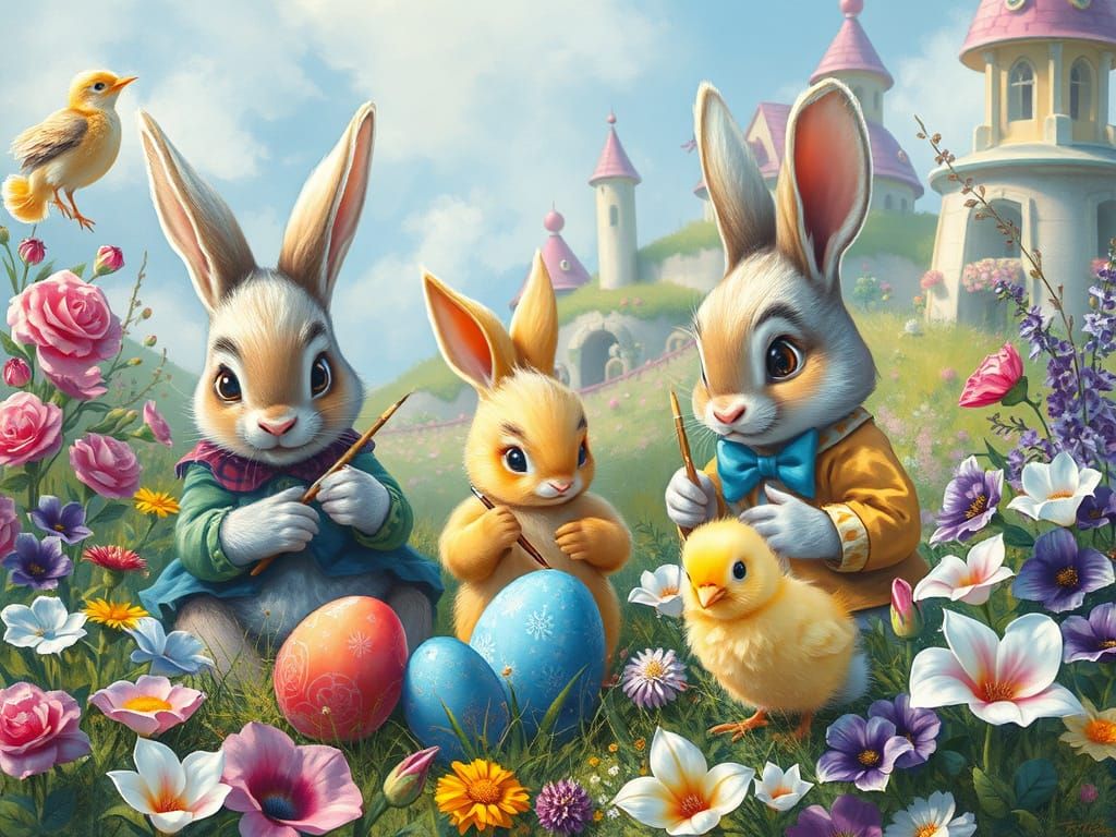 Easter Bunnies Painting Eggs in Dreamlike Meadow