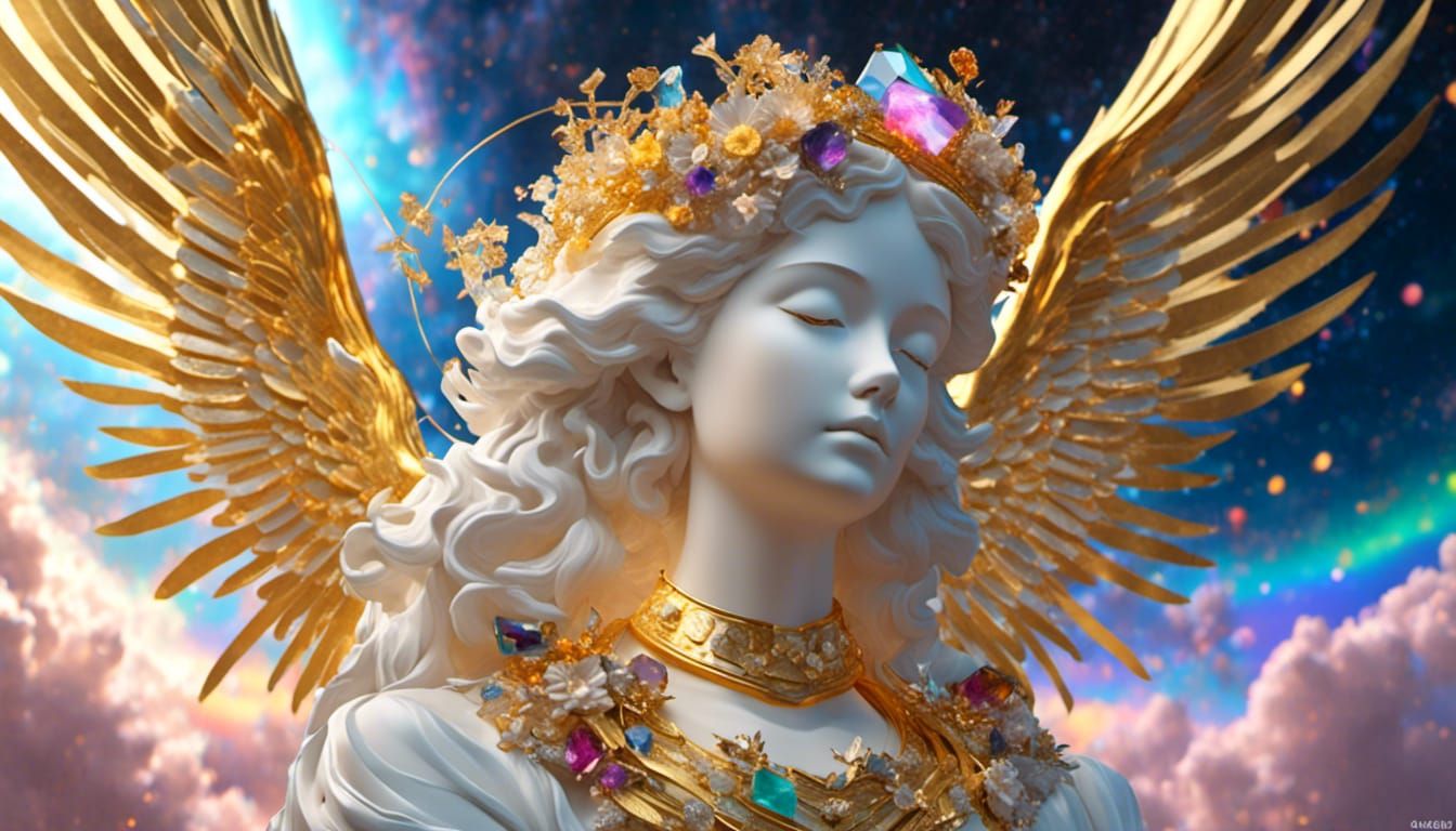 Gemstone Angel Statue in a Starry Galaxy