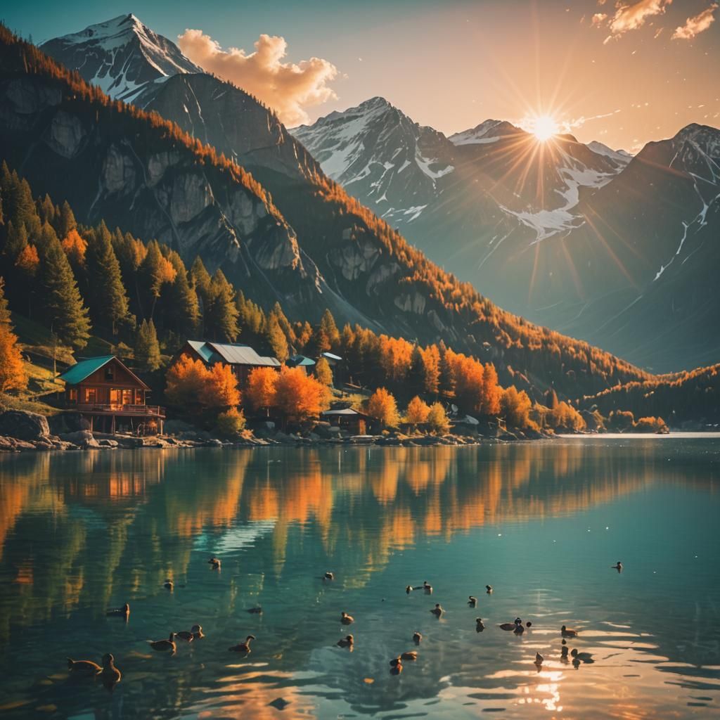 Cabin Over Lake at Sunset with Ducks