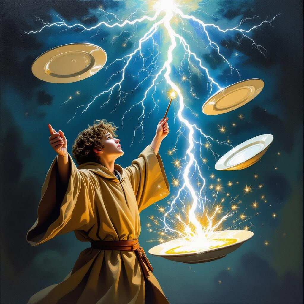 Wizard Levitating Dishes With Electricity, Neo-Impressionism...