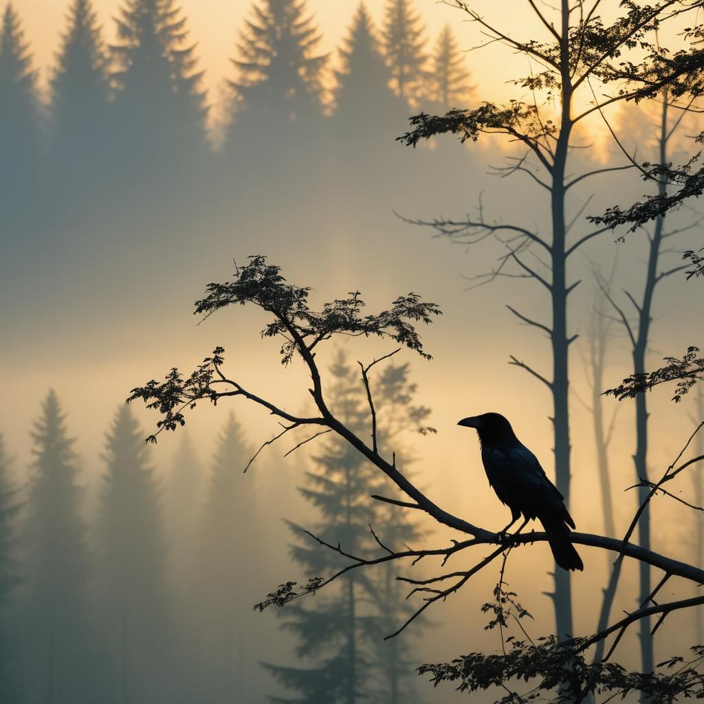 Crow Silhouette at Sunset in Misty Forest