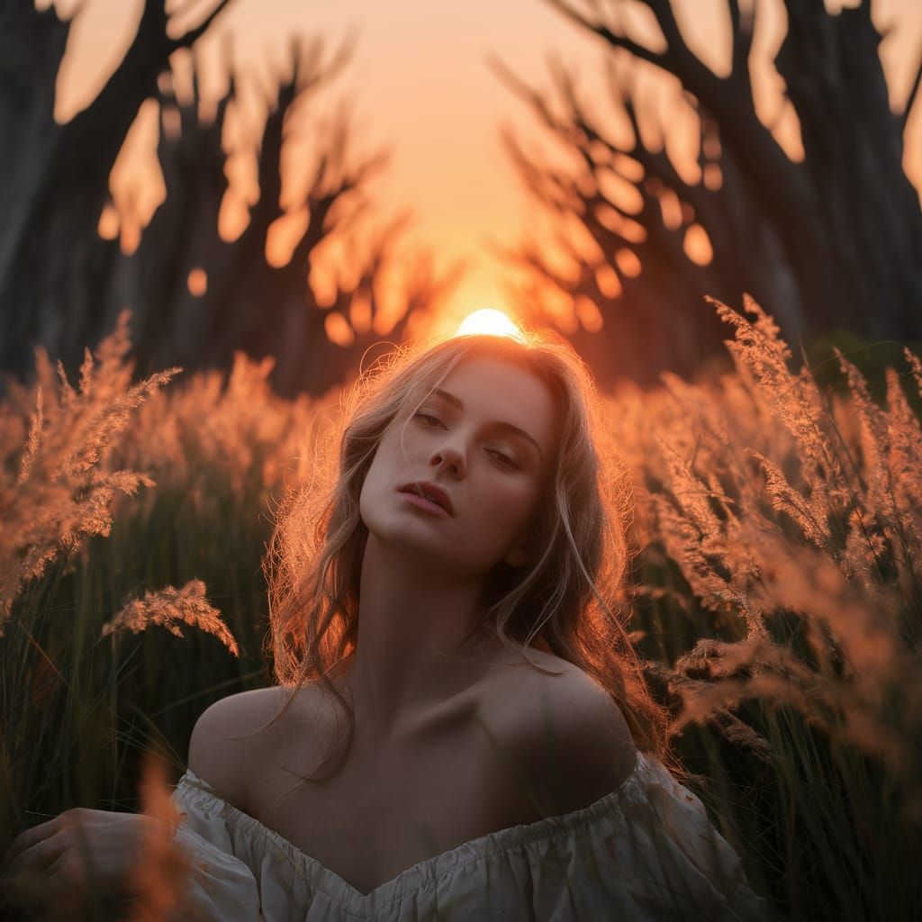Serene Woman Contemplating Sunset Over Golden Fields