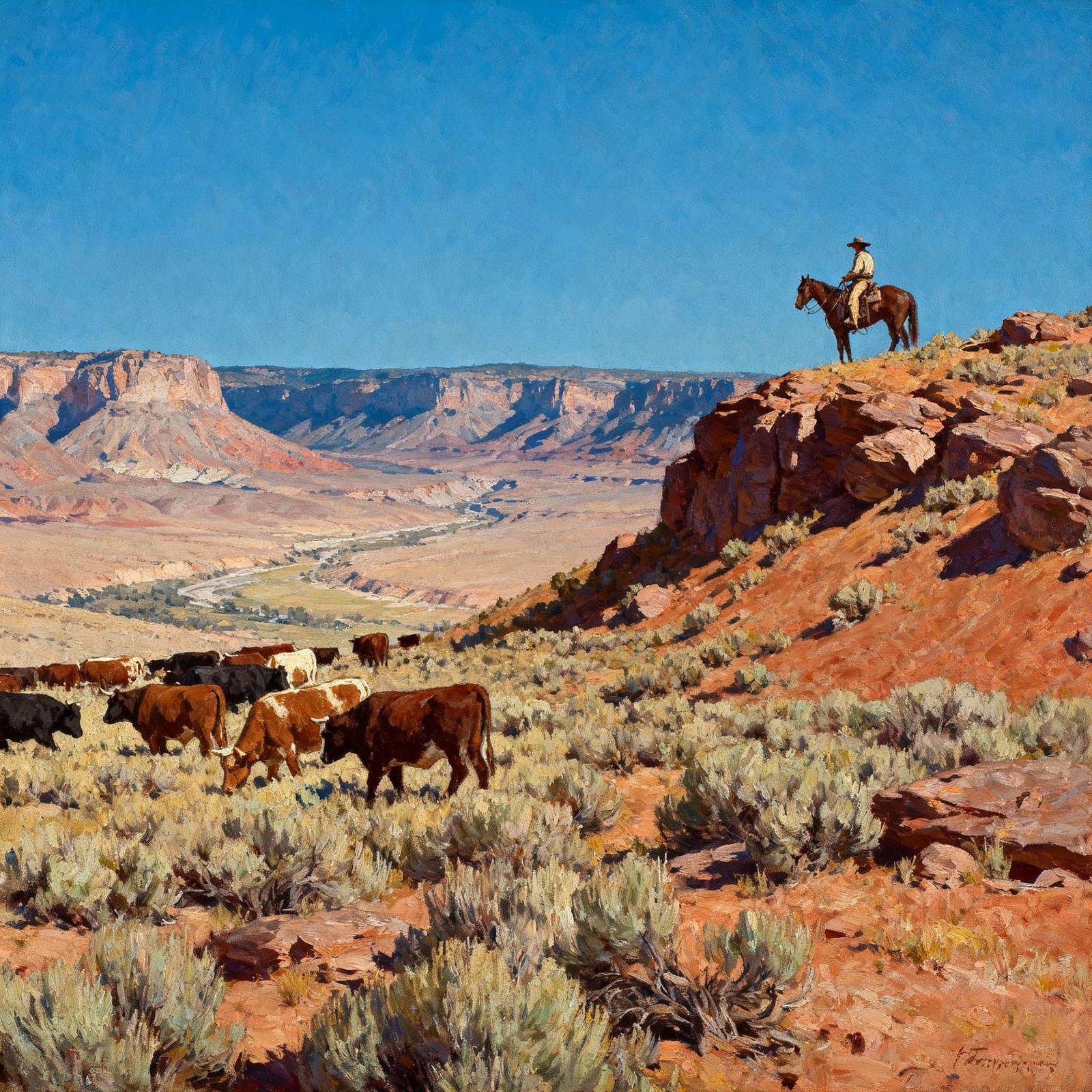 Cowboy on Horseback in High Desert Landscape