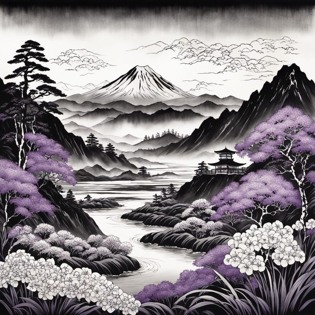 Traditional Japanese Mountain Landscape in Ink Drawing