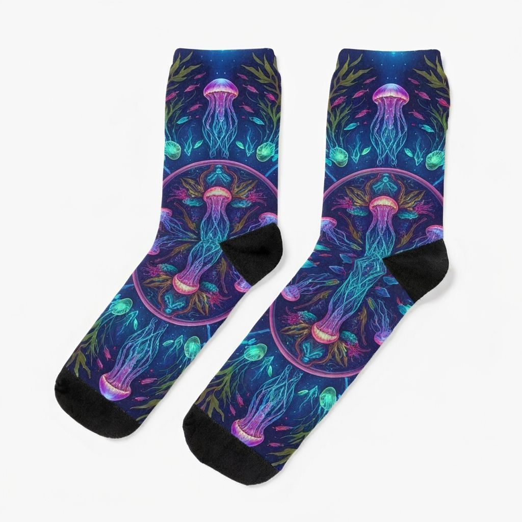Bioluminescent Jellyfish Mandala Socks: Masterpiece Illustra...
