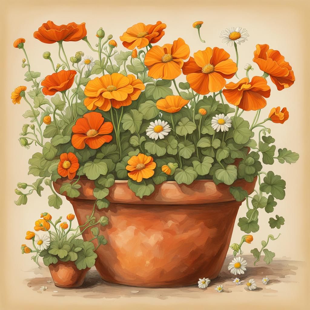 Botanical Concept Art: Flowers in Terracotta Pot