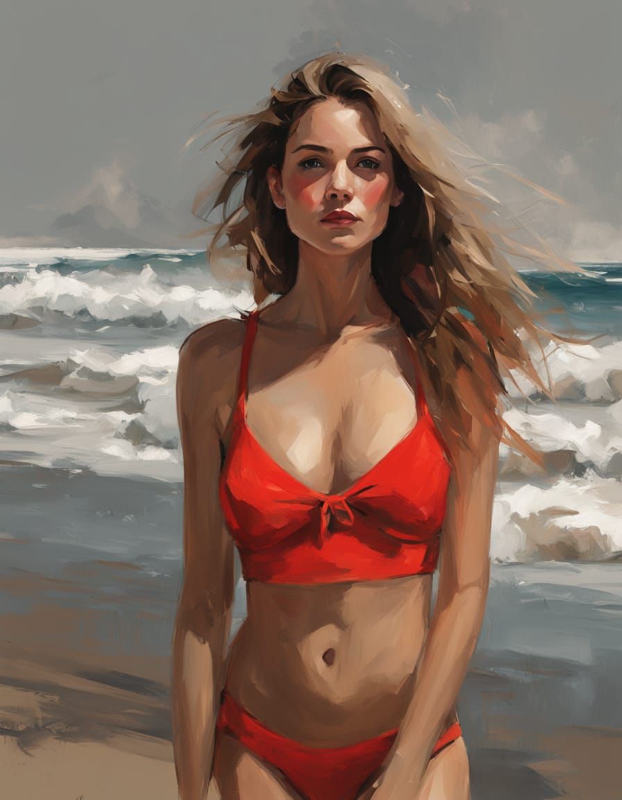 Woman on Beach in Red Bikini: Expressive Charcoal Sketch
