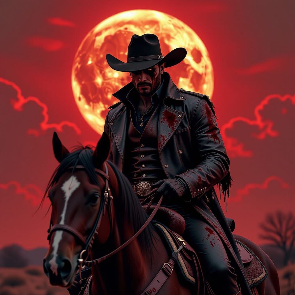 Vampire Cowboy Rides Under Blood Moon, Gothic Western Style