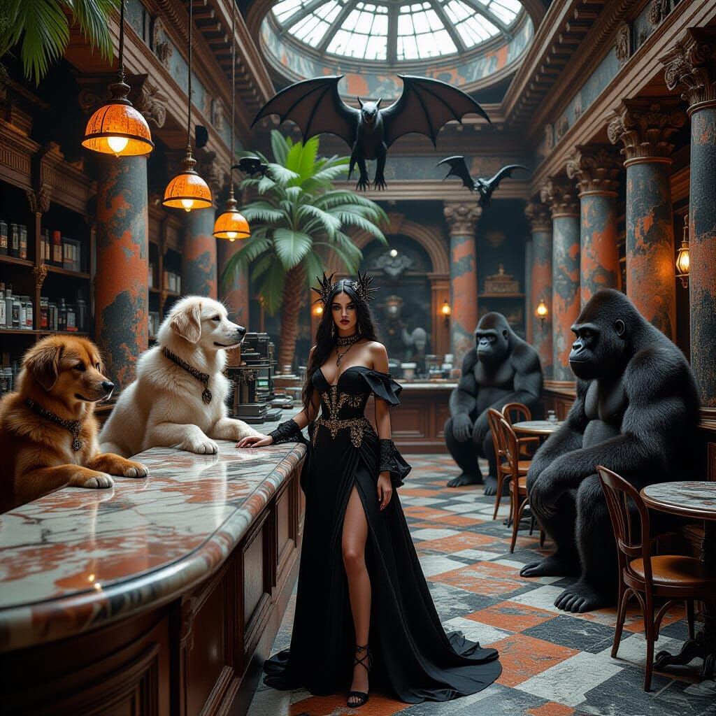 Goth Goddess Model with Giant Creatures in Surreal Coffee Sh...