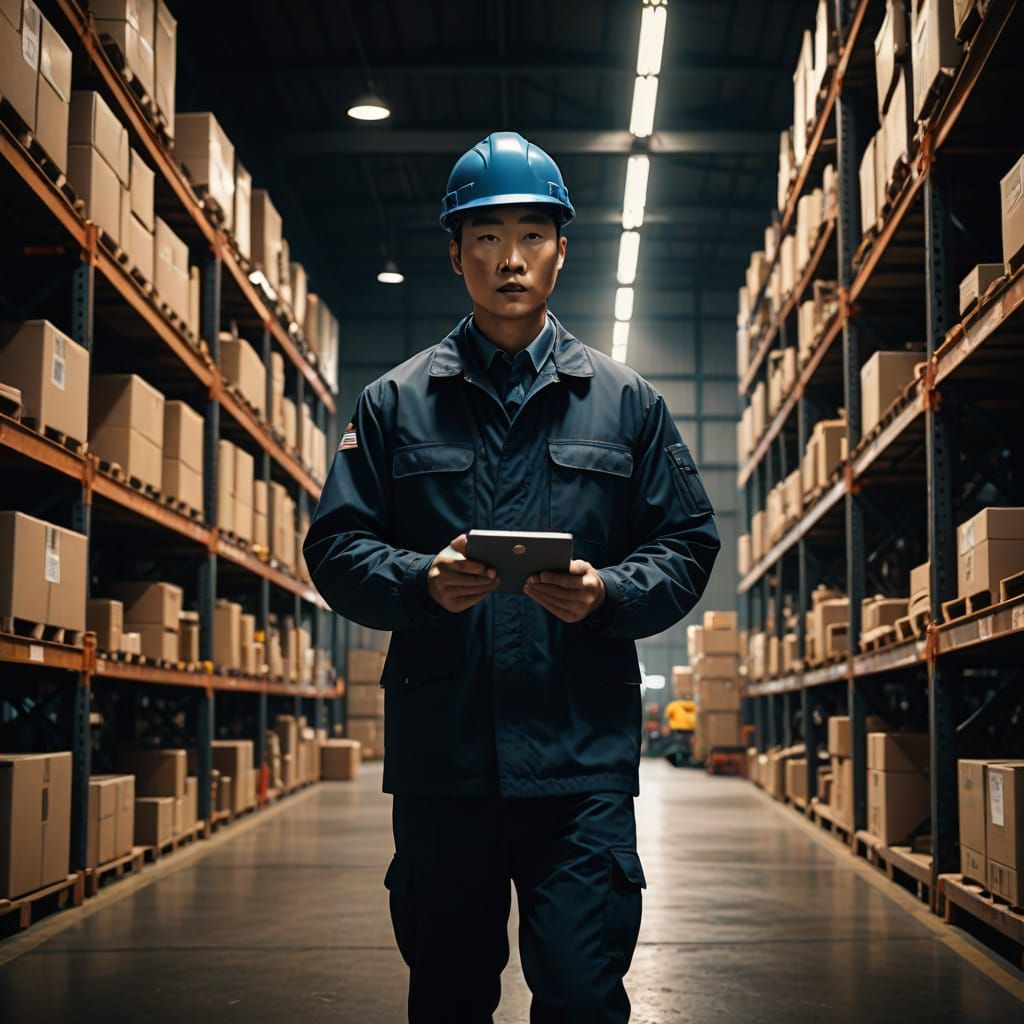 Warehouse Security Guard in High-Contrast Industrial Setting