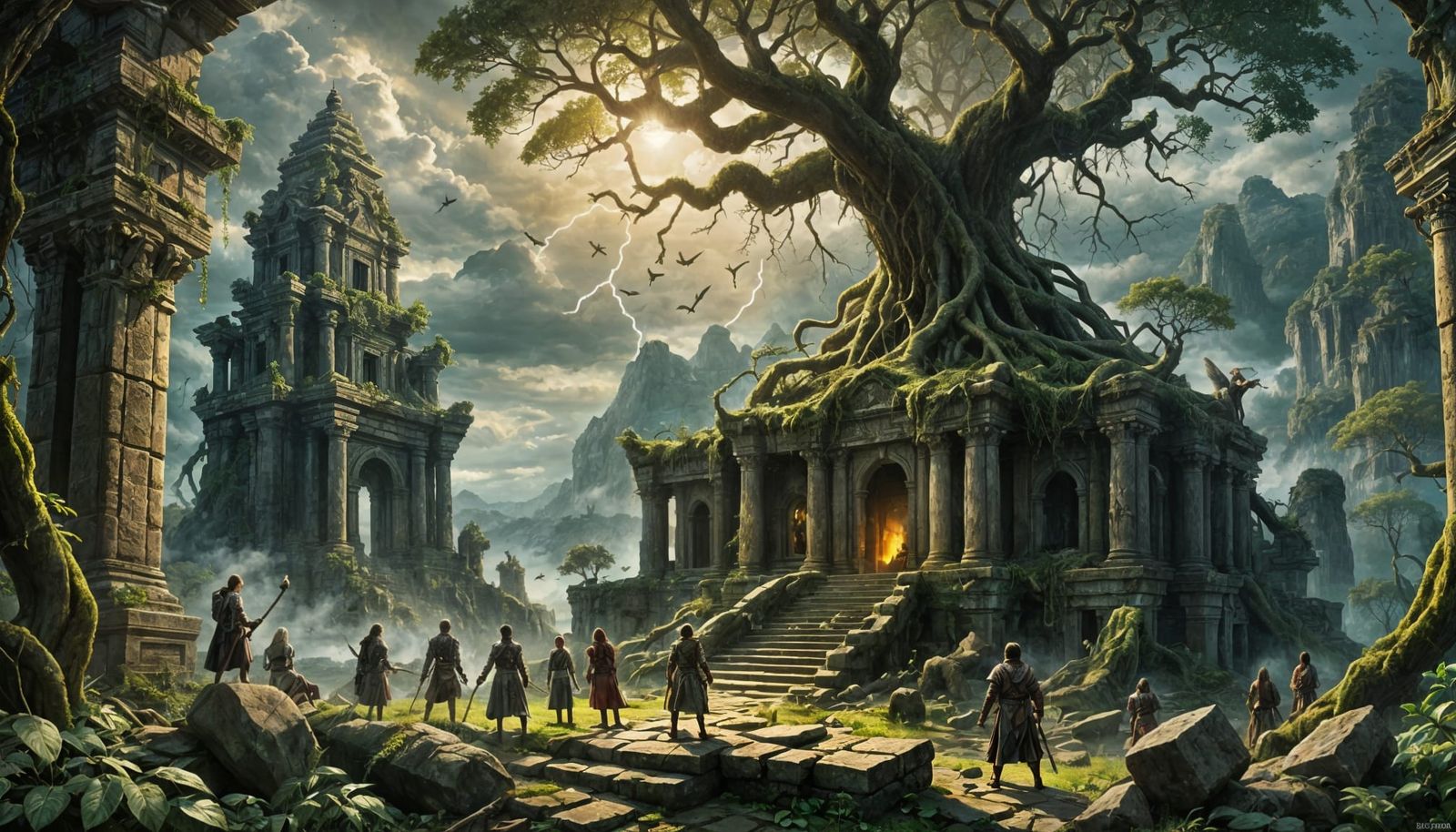 Forgotten God Rising from Ruins in Painterly Style