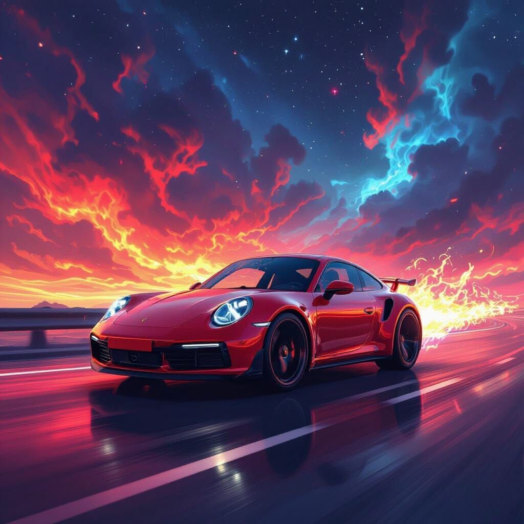 Red Porsche 911 Speeds on Cosmic Highway with Fiery Galaxy