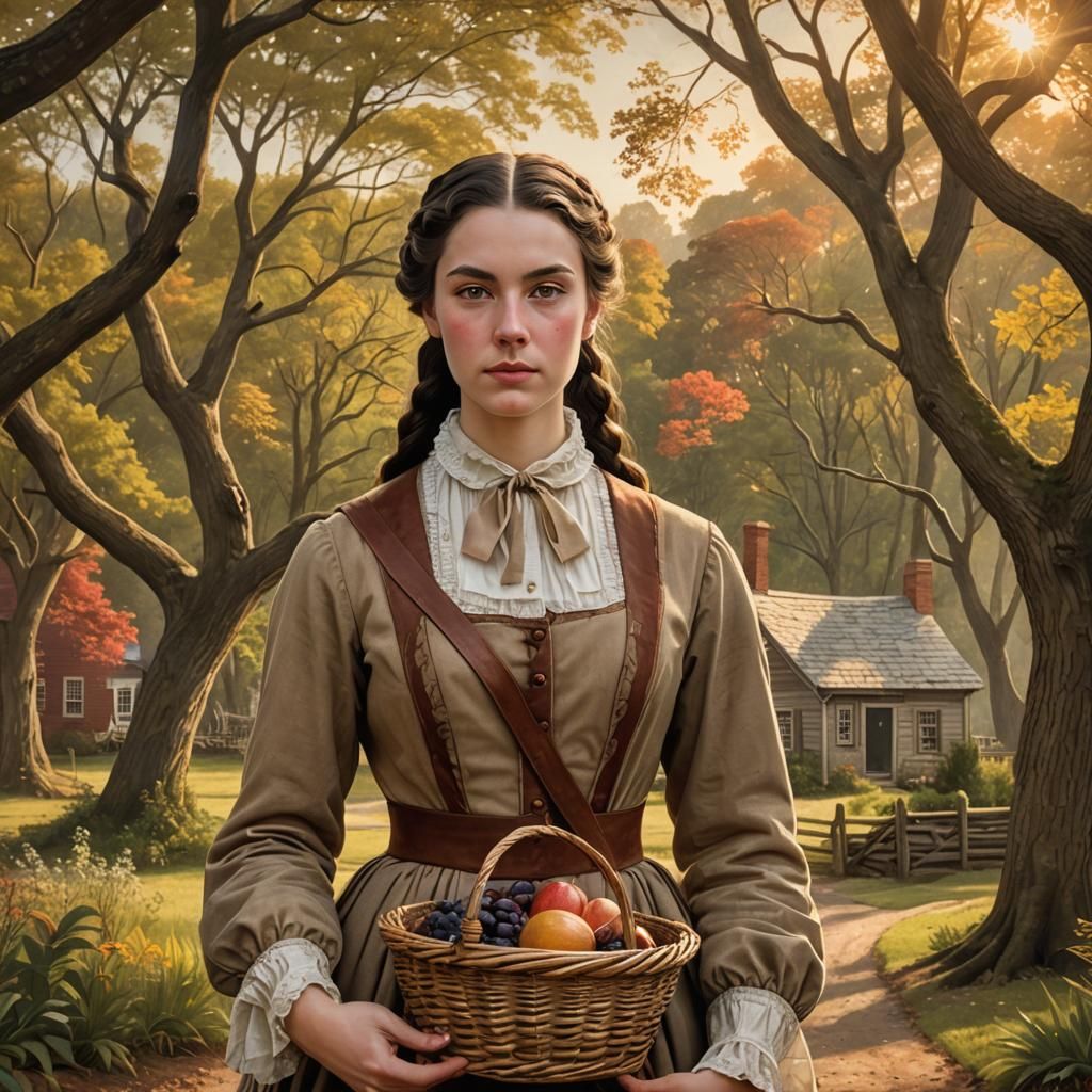 Colonial American Woman in New England Landscape