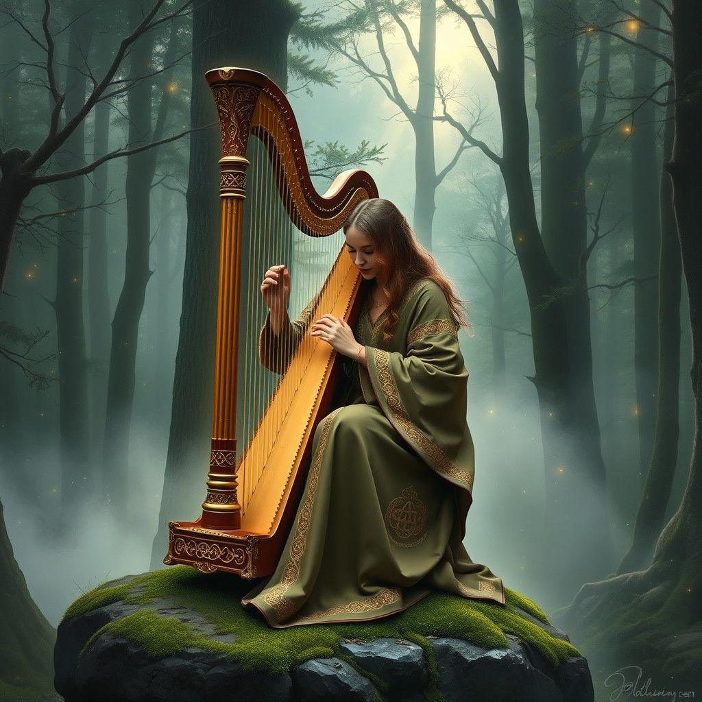 Celtic Harpist in Mystical Forest Landscape
