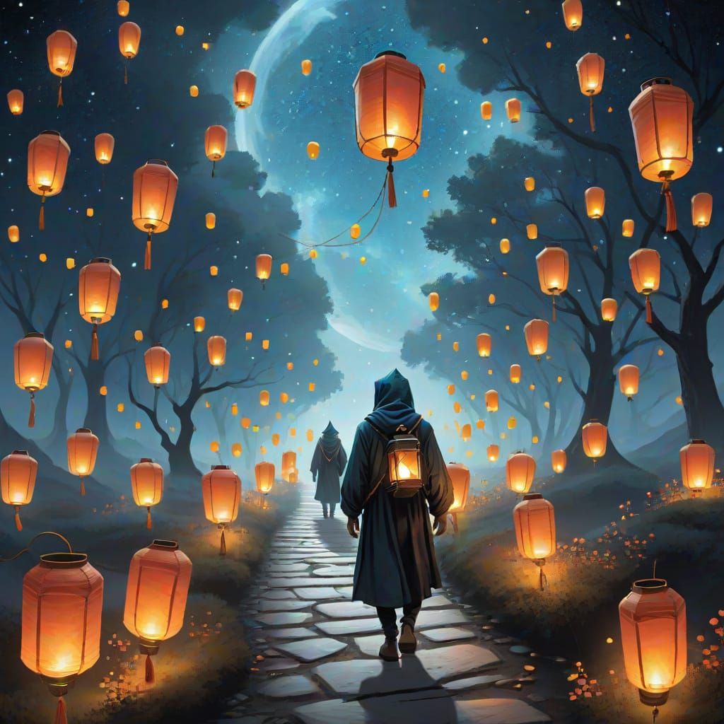 A Hooded Traveler Walks a Path of Floating Lanterns Across a...
