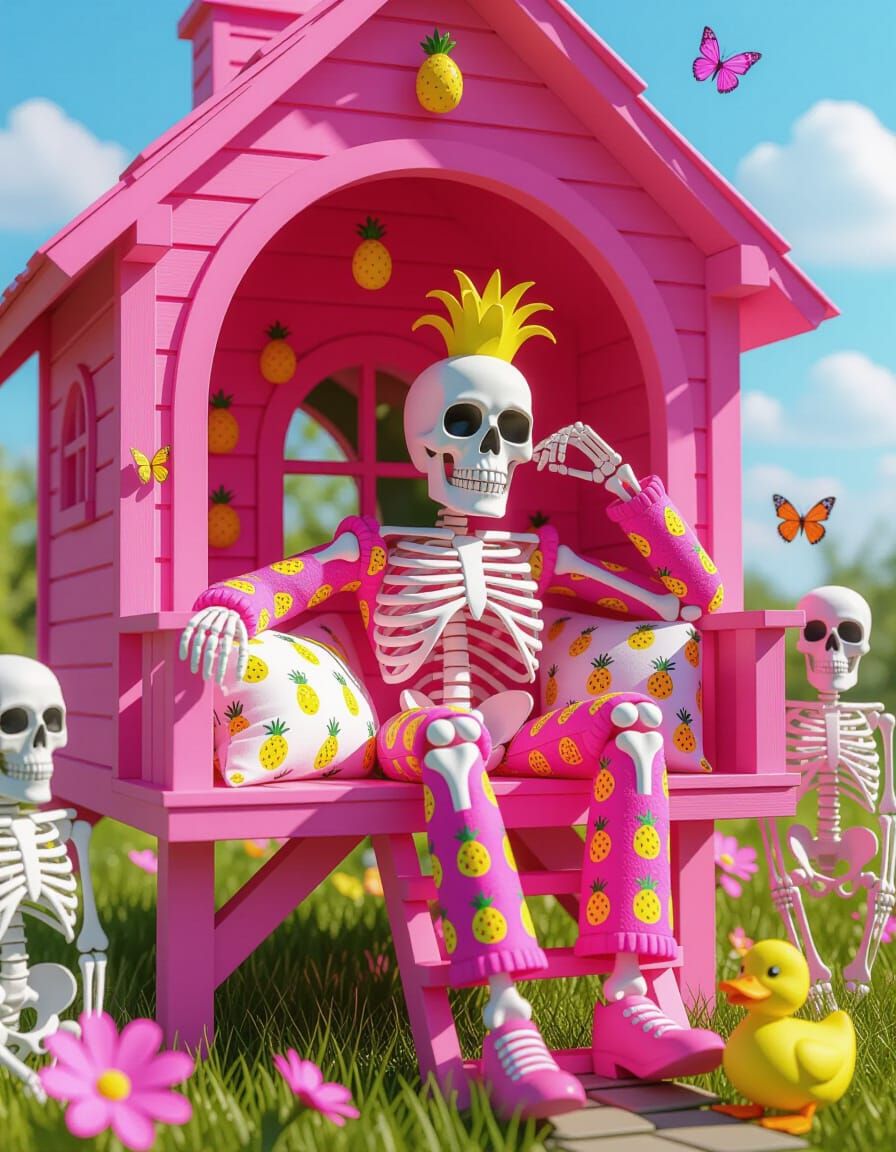 Pink Skeleton in Treehouse, 3D Rendered