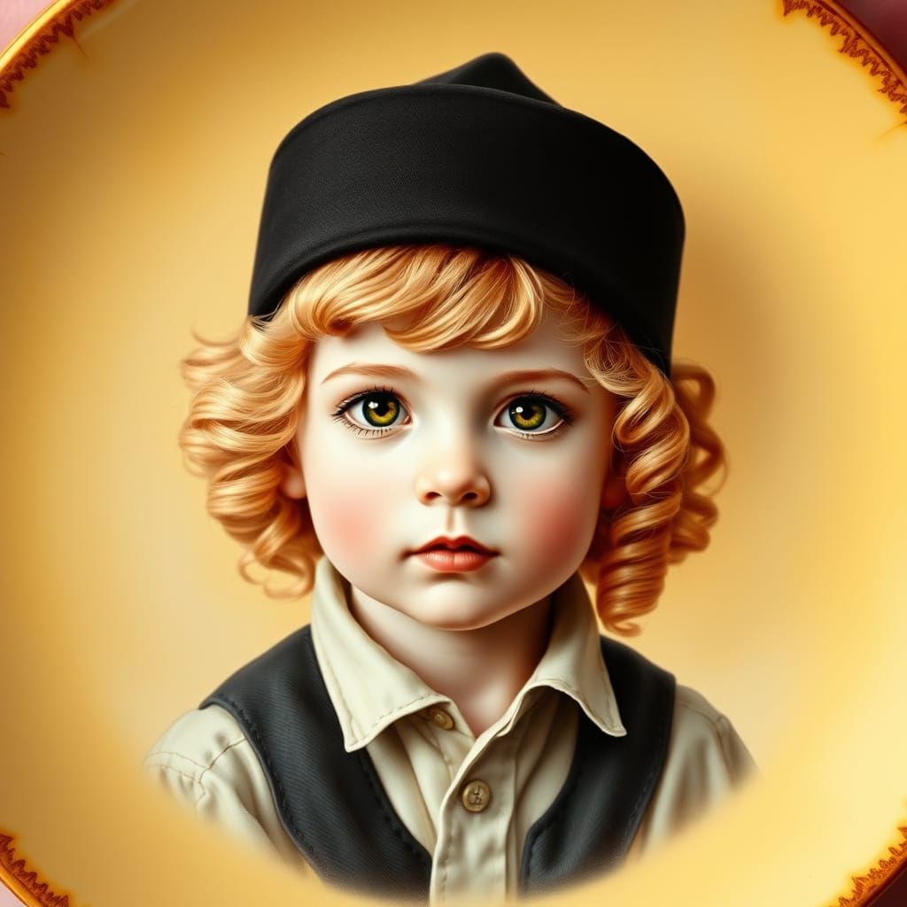 Delicate Antique Porcelain Plate with Haredi Hasidic Boy Por...