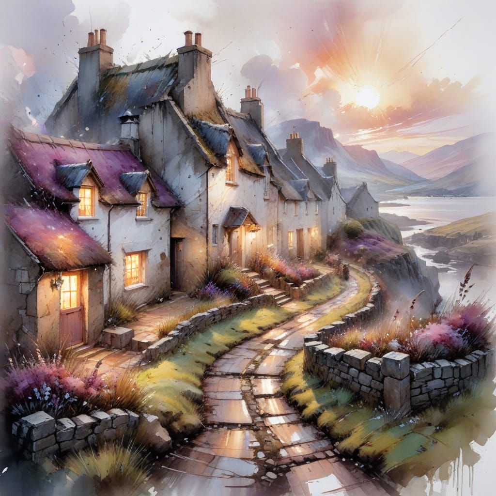 Scottish Highland Village at Dusk in Watercolour Style