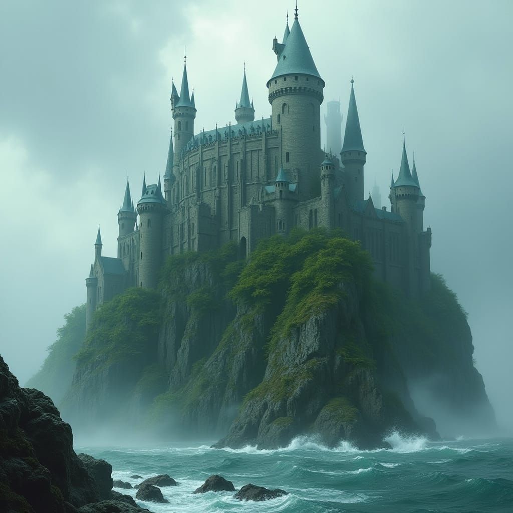 Gothic Fantasy Castle Emerging from Cliffside
