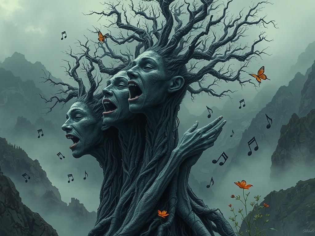 Surreal Tree Family Singing in Mountain Landscape