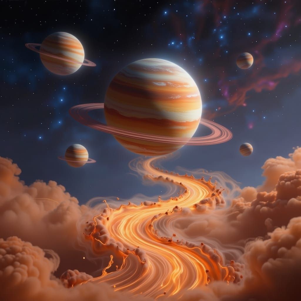 Glowing Cloud Stream with Planets in 3D Render