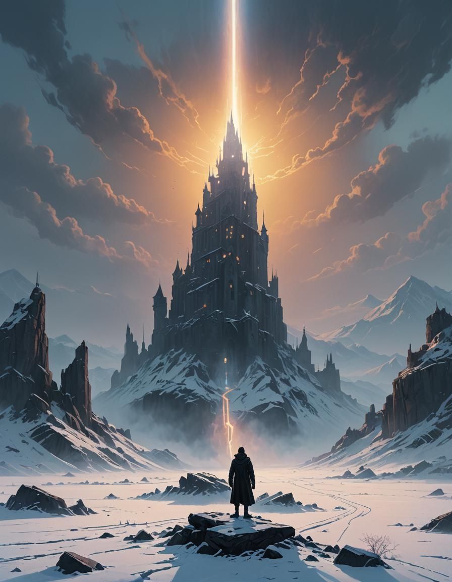 Ethereal Light Burst in Gothic Fantasy Landscape