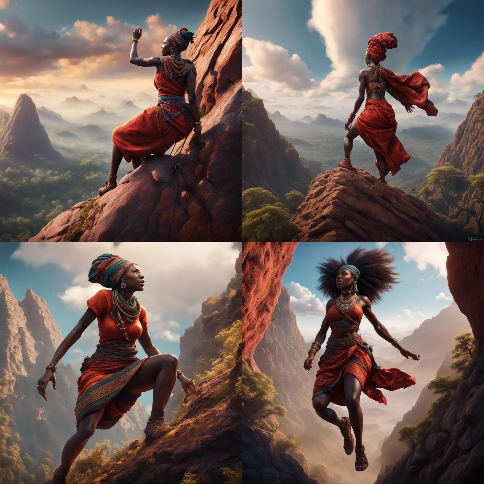 Kenyan Woman's Mountain Ascent: Detailed Matte Painting