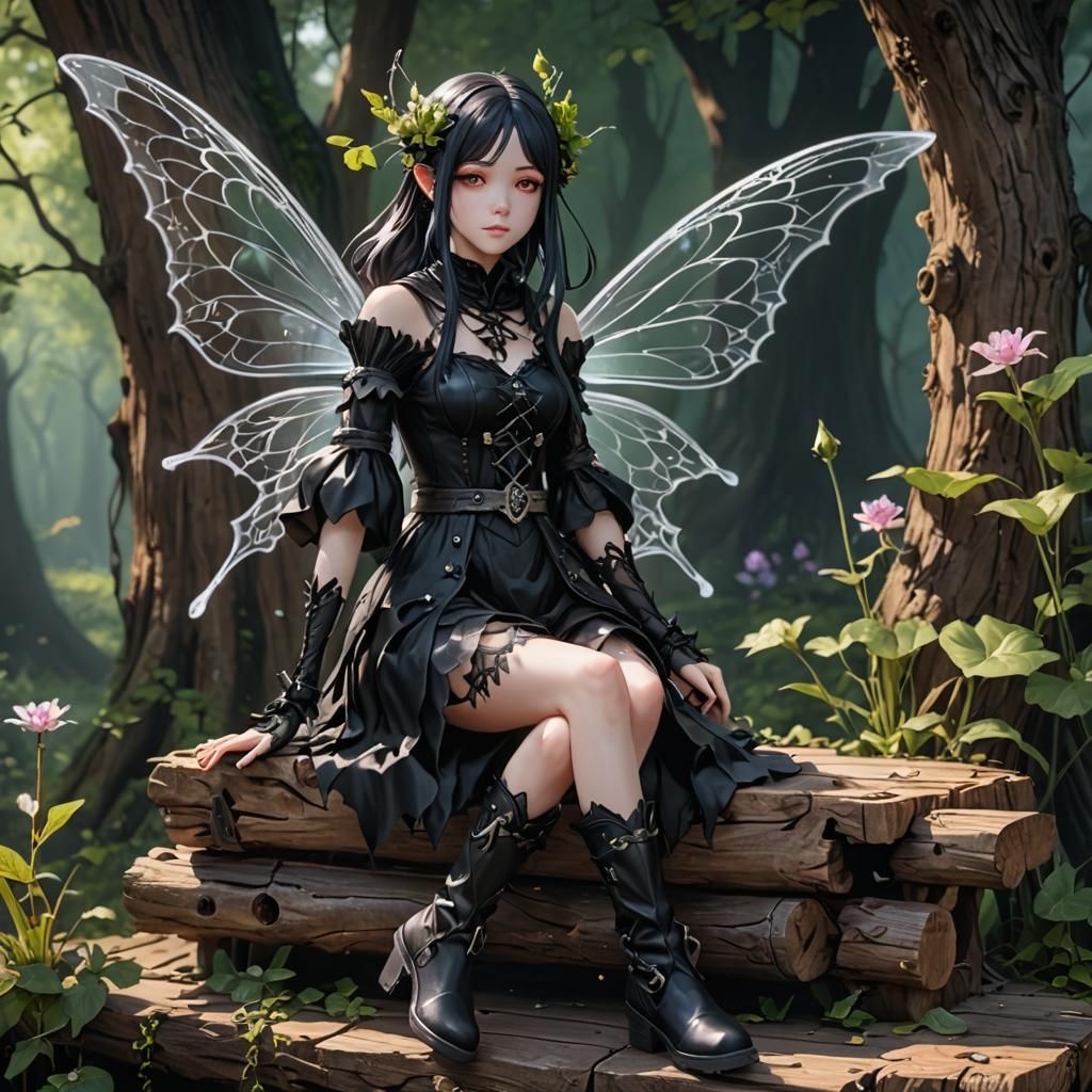 Gothic Fairy in 3D Anime Style on Wood Stump