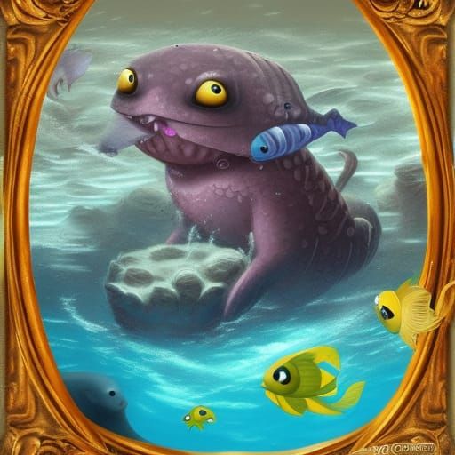Cute Sea Monster Welcomes Diver, Detailed Digital Art