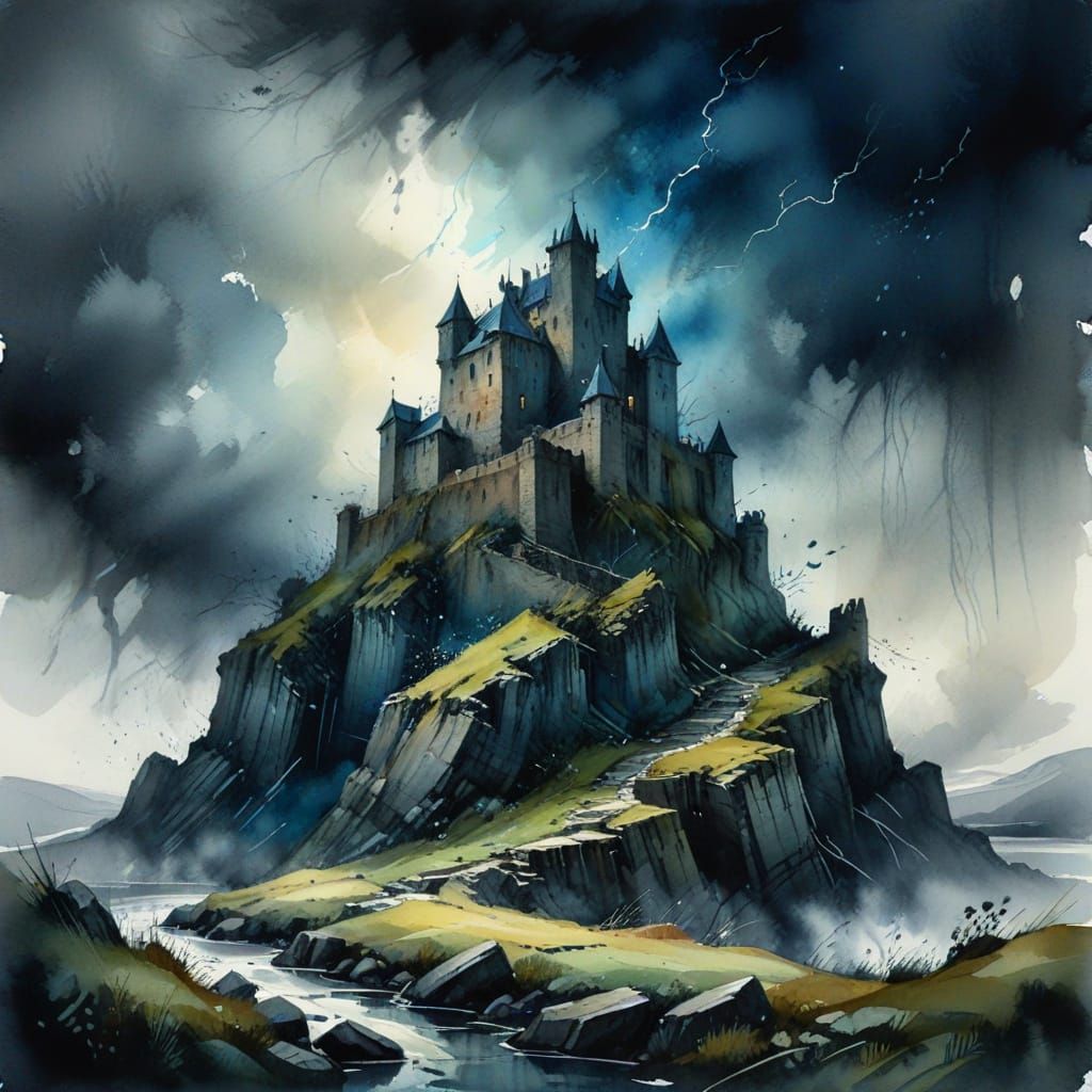 Ethereal Watercolour Castle Scene in Dramatic Stormy Weather