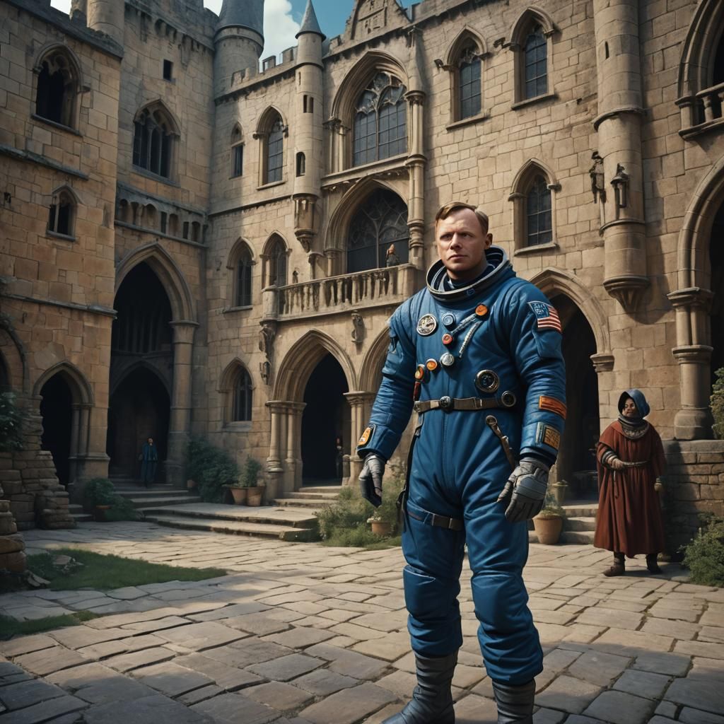 Astronaut Lost in Medieval Castle: Matte Painting