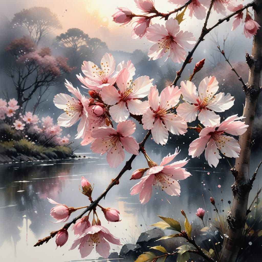Cherry Blossom Branch in Expressive Watercolour Style