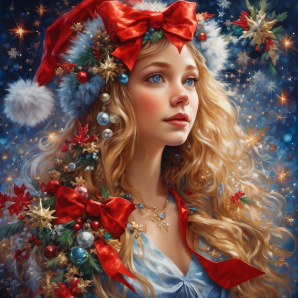 Blond Woman with Red Bow in 3D Oil Painting