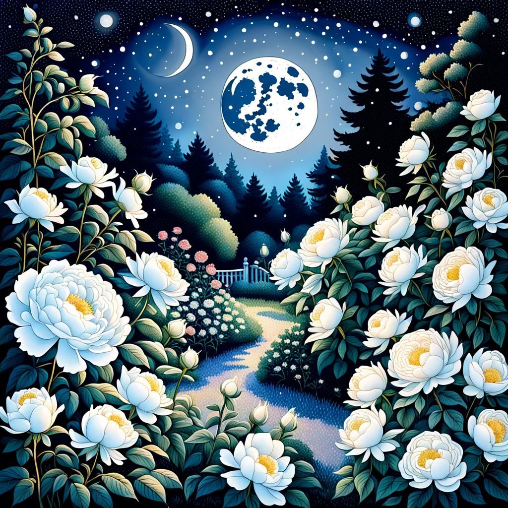 Moonlit Garden in White Pointillist Style