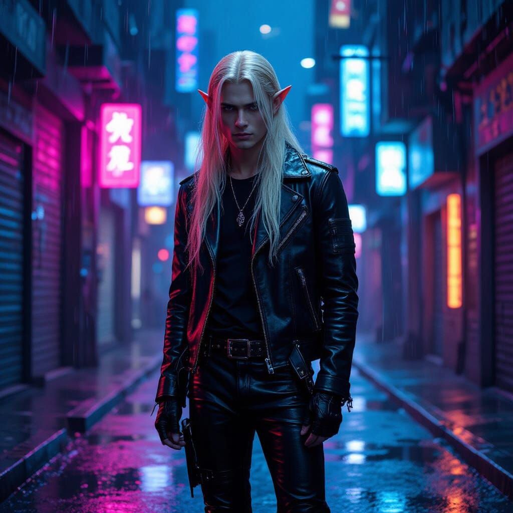 Cyberpunk Elf in Neon Cityscape