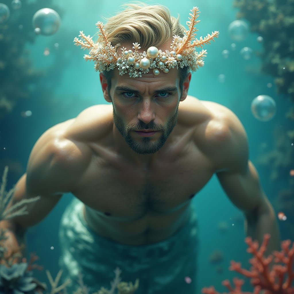 Merman Emerging from the Ocean, Hyperdetailed Art