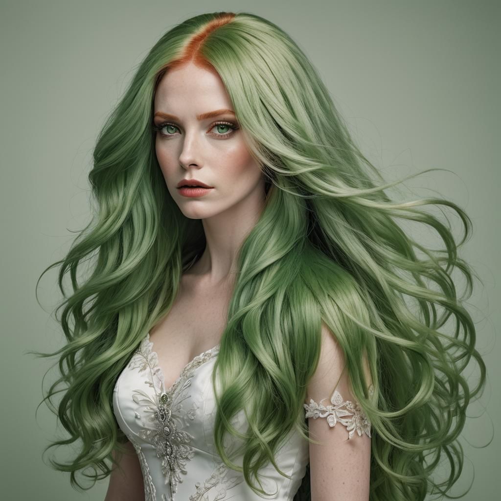 Elegant Redhead with Flowing Green Hair: 8K Portrait