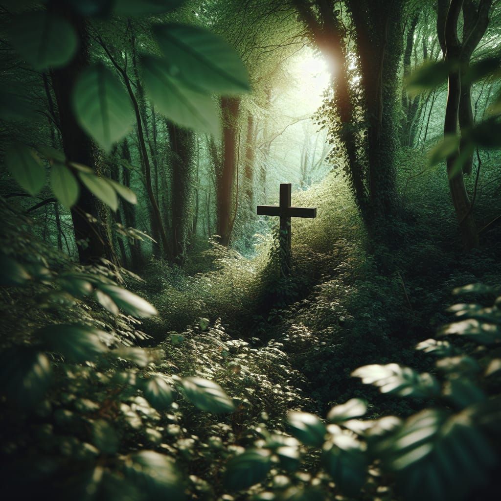 Concealed Cross in Forest Sunlight