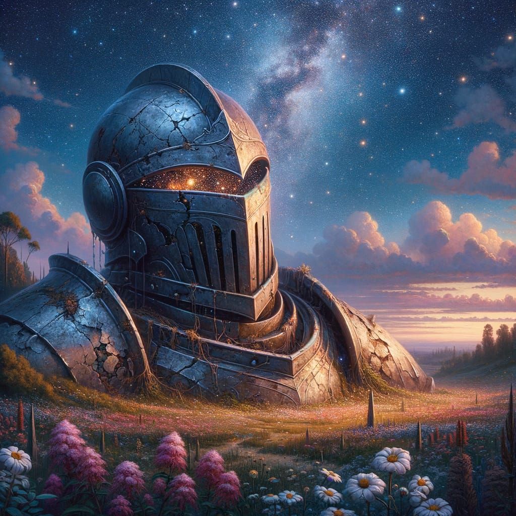 Colossal Knight's Helm in Wildflower Field Under Starry Sky