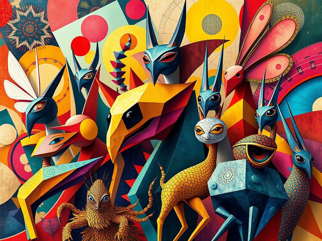 Vibrant Cubist Collage of Fantastical Creatures
