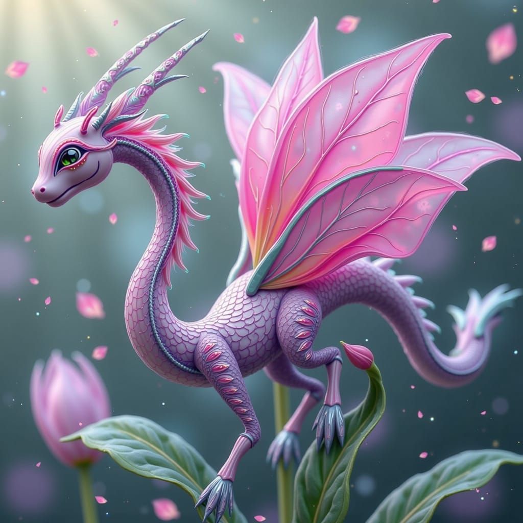 Whimsical Tulip-Dragon Hybrid in Iridescent Hues