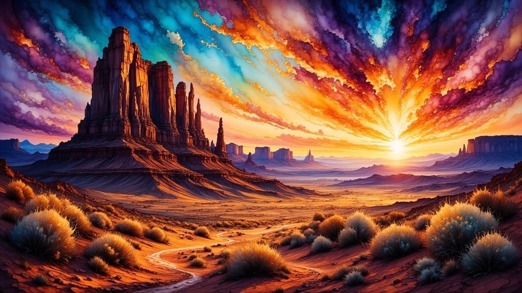 Desert Twilight: Rock Silhouettes in Fiery Sky