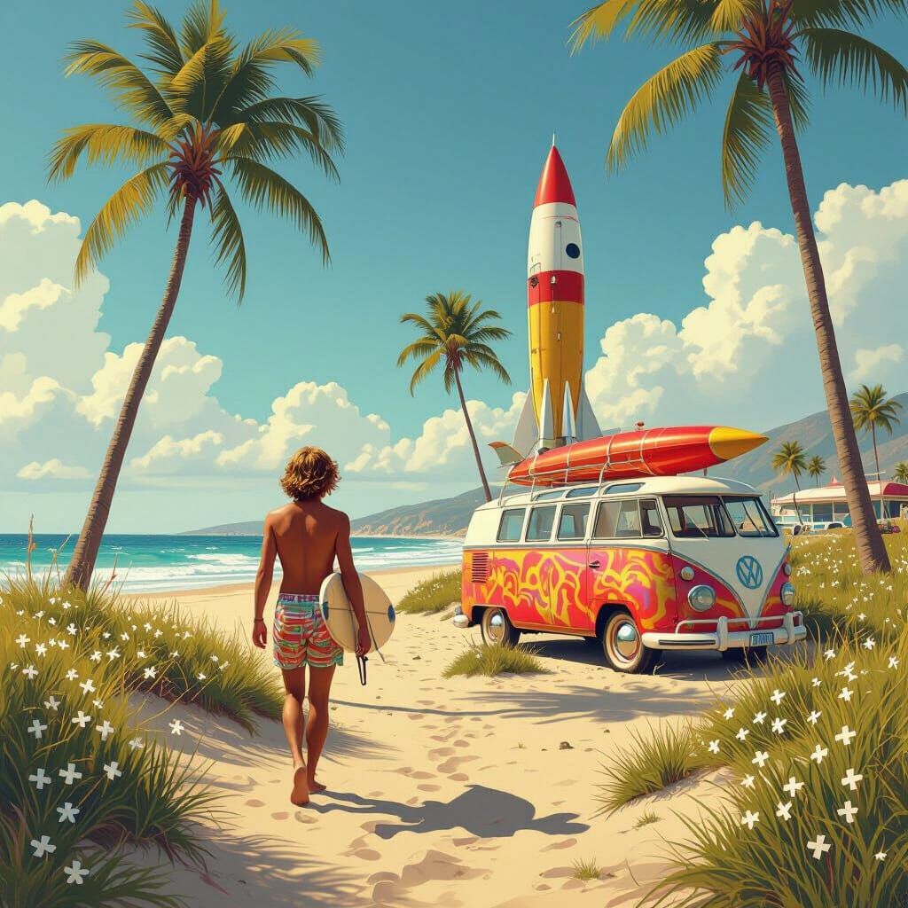 Surfer, Retro Rocket, and Tie-Dye Van