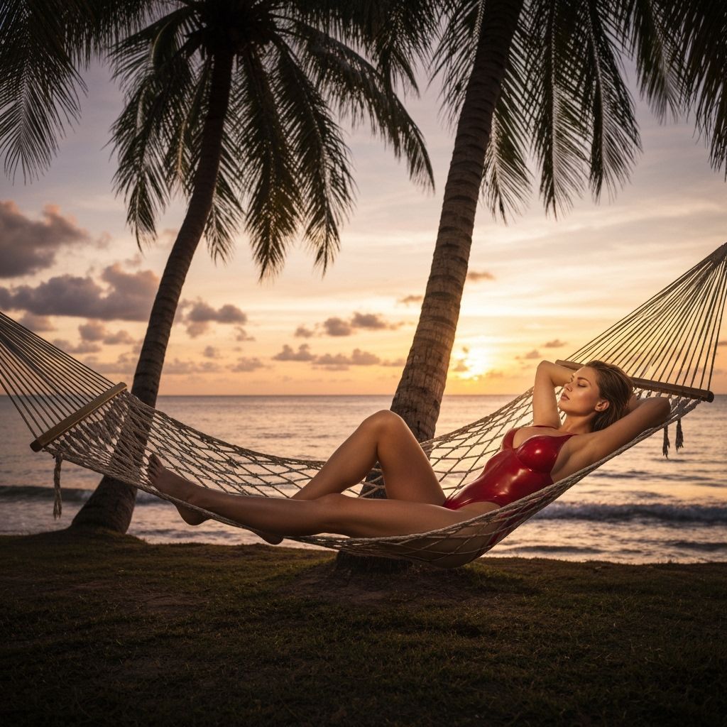 Stunning Woman Relaxing in Latex Bikini at Sunset