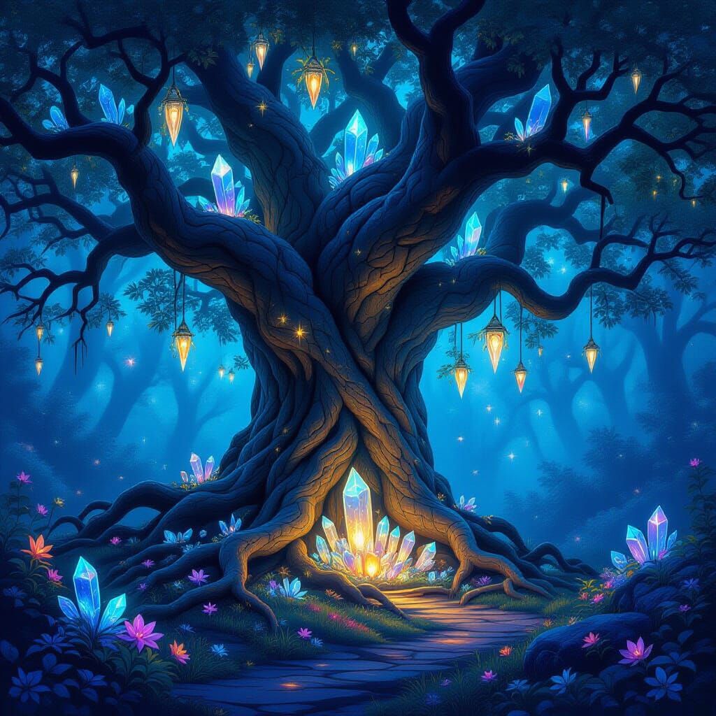 Majestic Ancient Tree with Crystal Roots in Mystical Forest