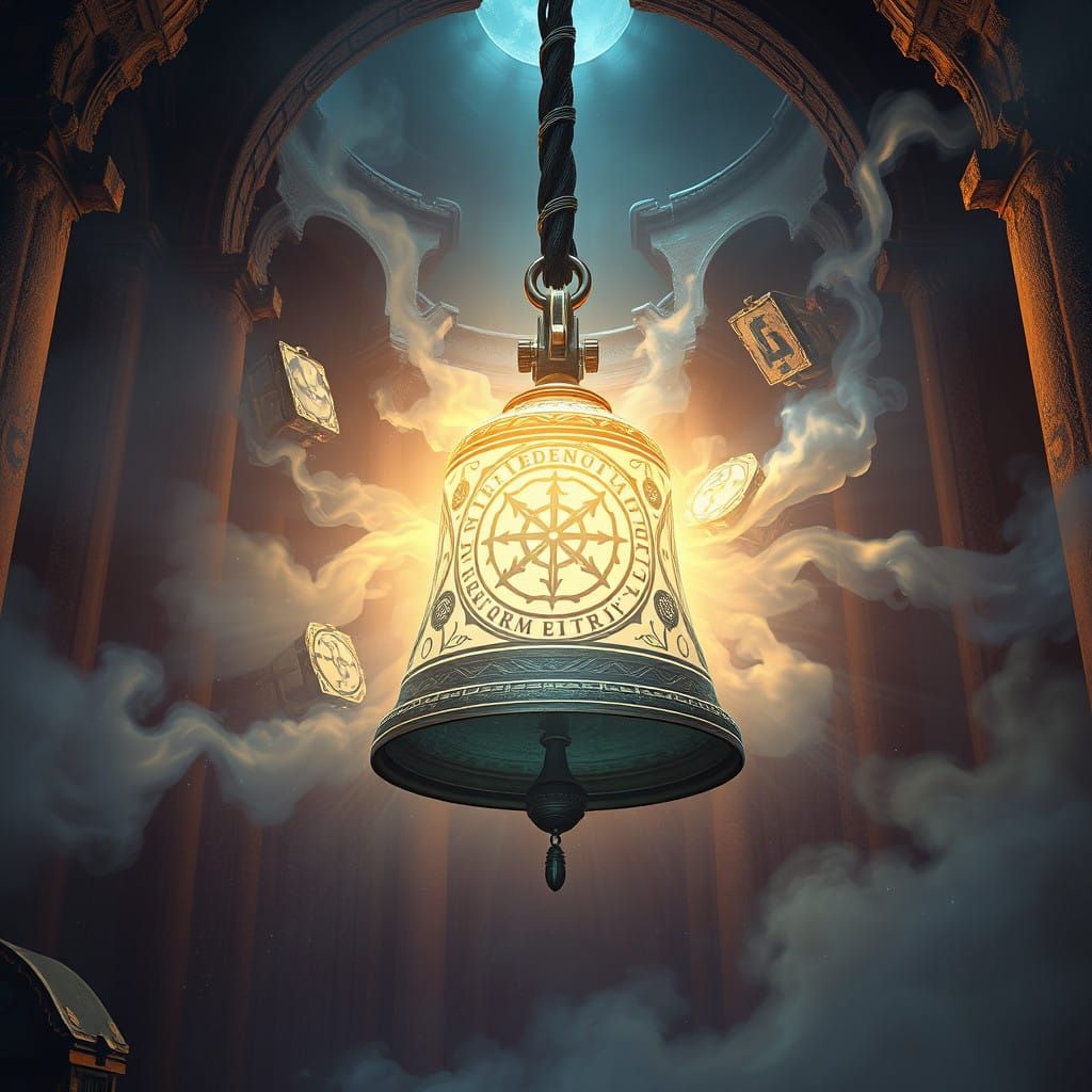 Surreal Bell Adorned with Mystical Runes and Symbols